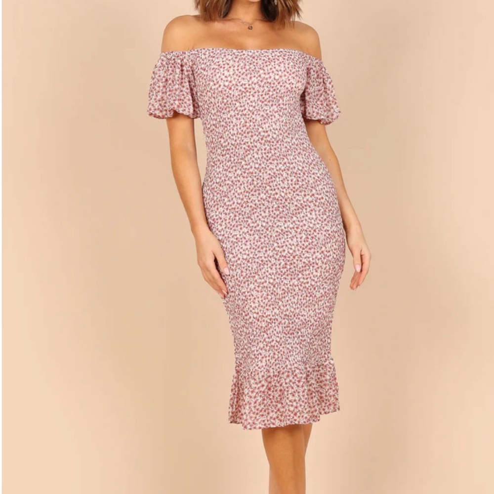 Petal and Pup Claire Shirred Bodycon Off Shoulder Midi Dress